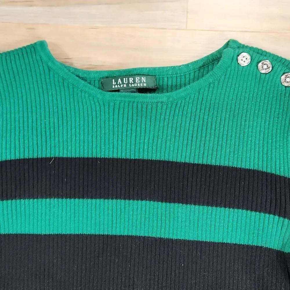 🔺️Ralph Lauren Green & Black Colorblock Gold Buttoned Shoulder Sweater Small